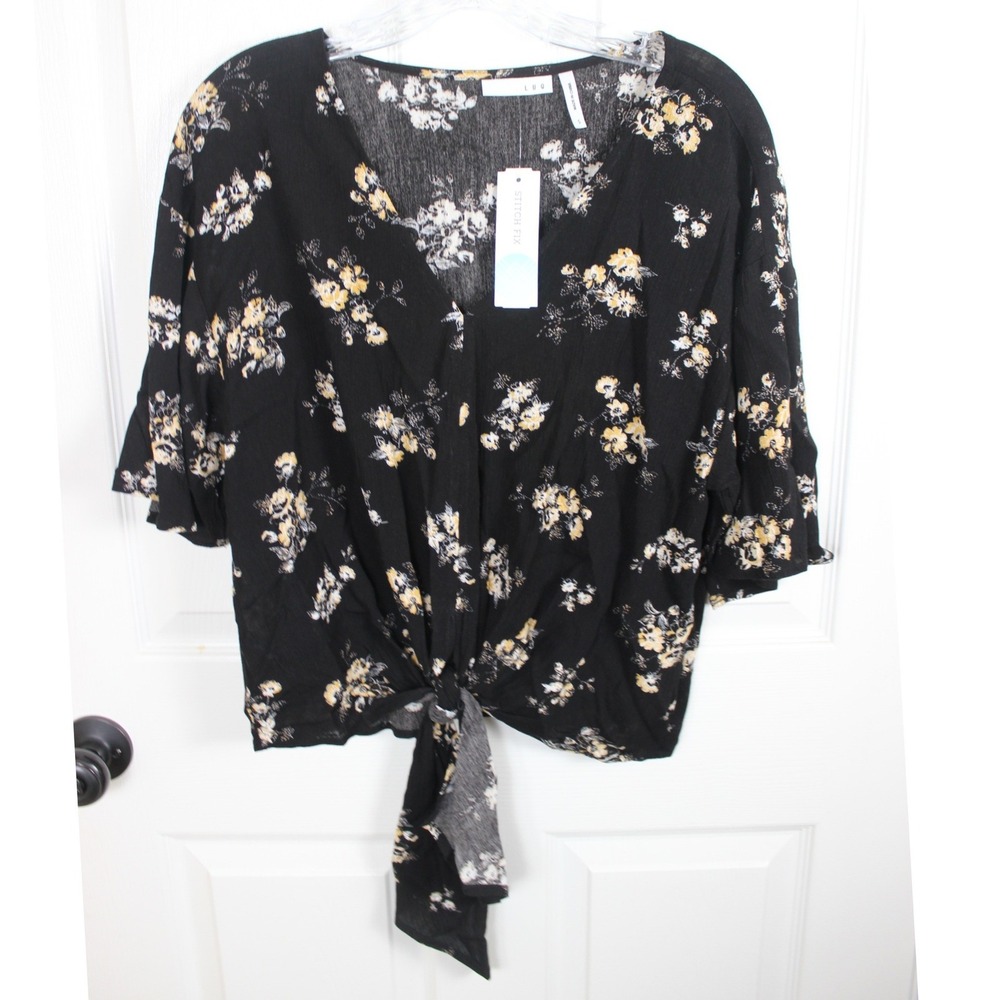 LUQ Rhee Tie Front Top Black Floral V-Neck Rayon Short‎ Sleeve Womens S